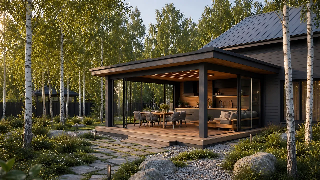 Веранда «Садовая линия» 4×4 м — объект в окружении участка