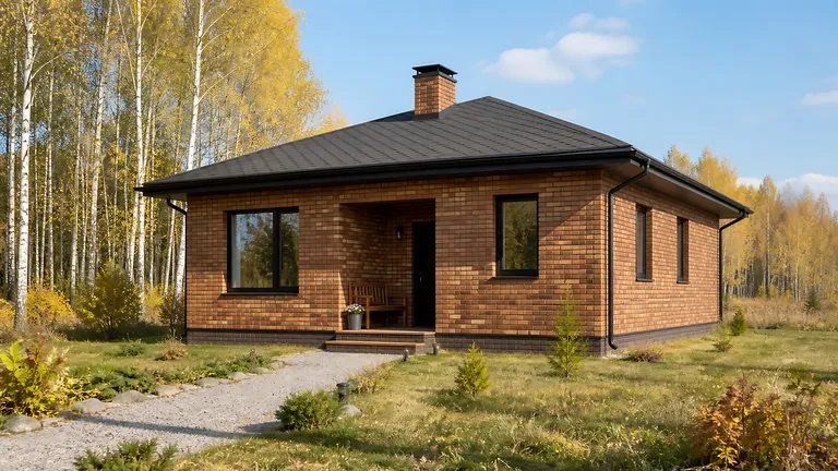 Кирпичная дача «Тёплый очаг» 8×7 м