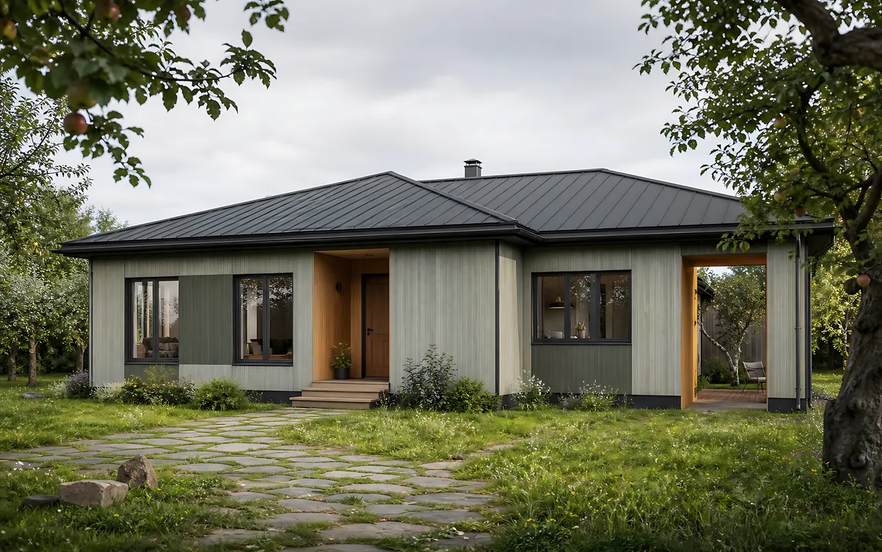Каркасный дом «Тихий сад» 11×10 м — внешний вид