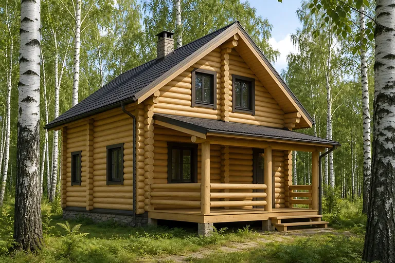 Дом из оцилиндрованного бревна «Берестяной» 8×7 м