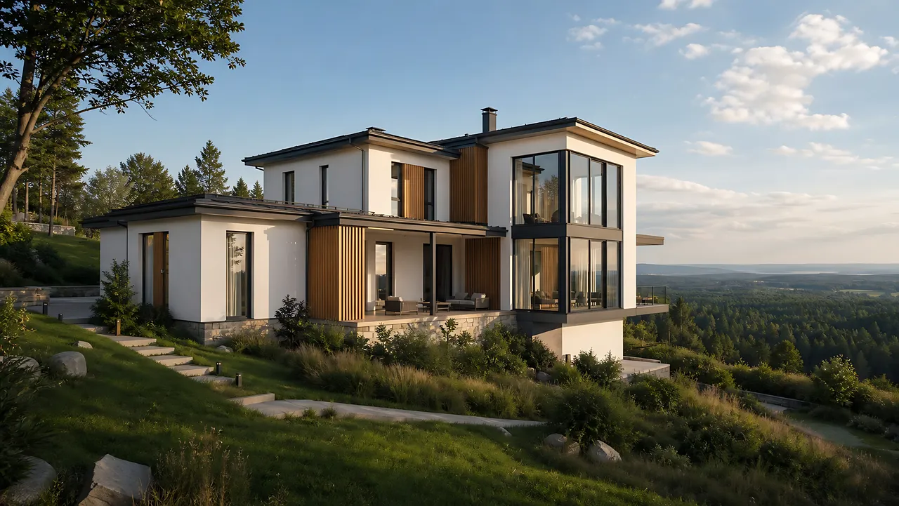 Дом из газобетона «Панорама» 11×10 м — внешний вид