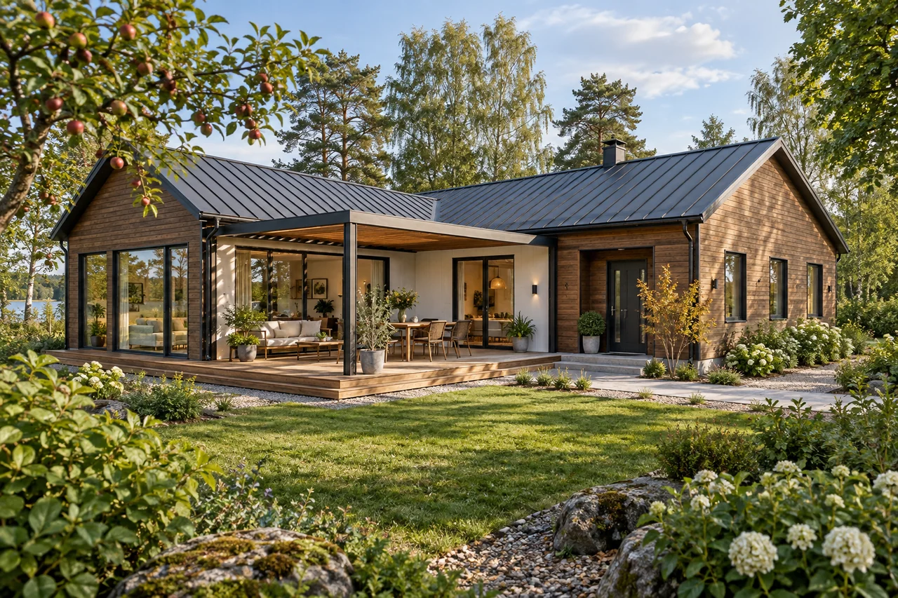Каркасный дом «Ореховая галерея» 10×12 м — внешний вид