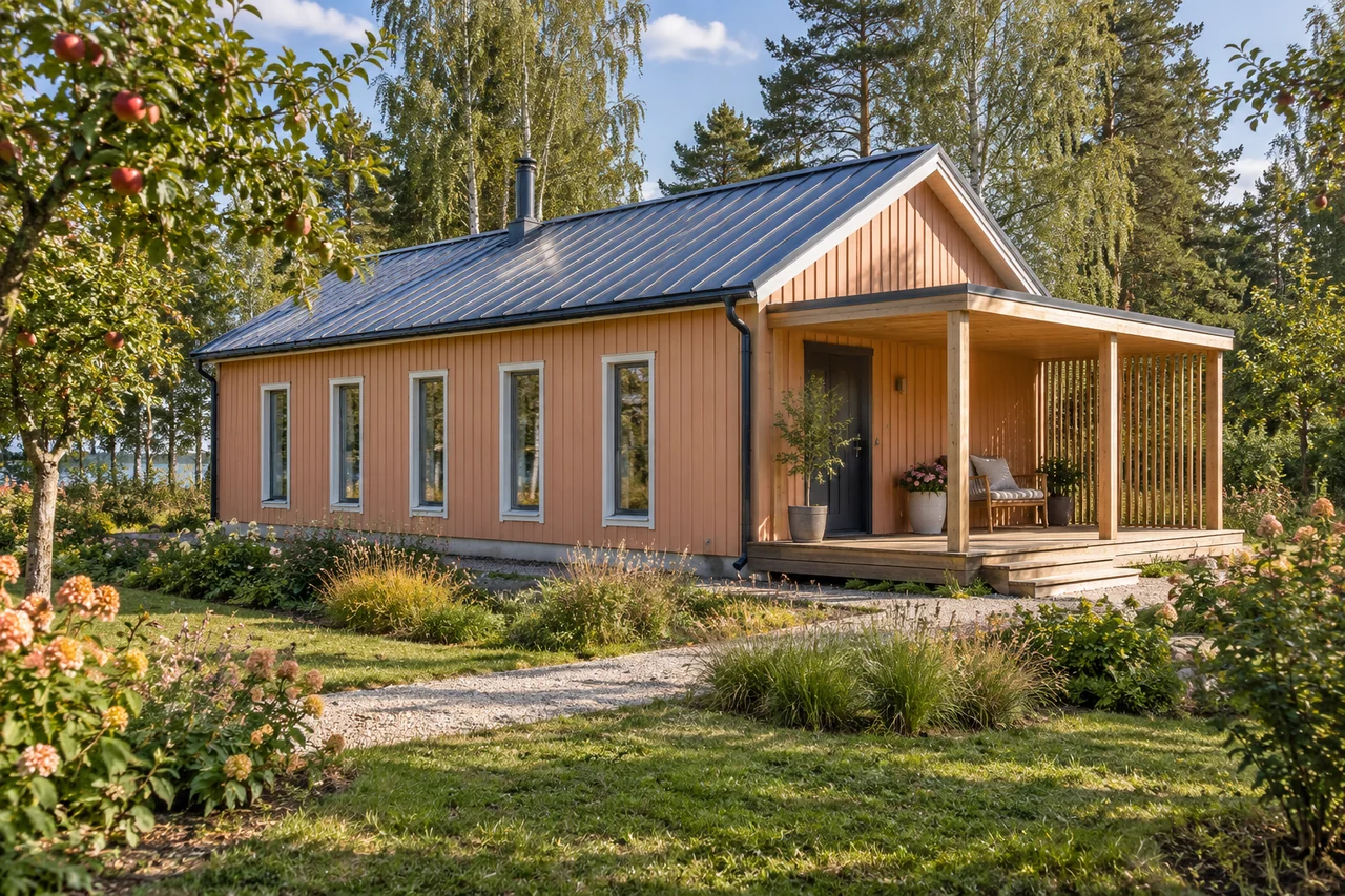 Каркасный дом «Персиковая галерея» 6×9 м — внешний вид
