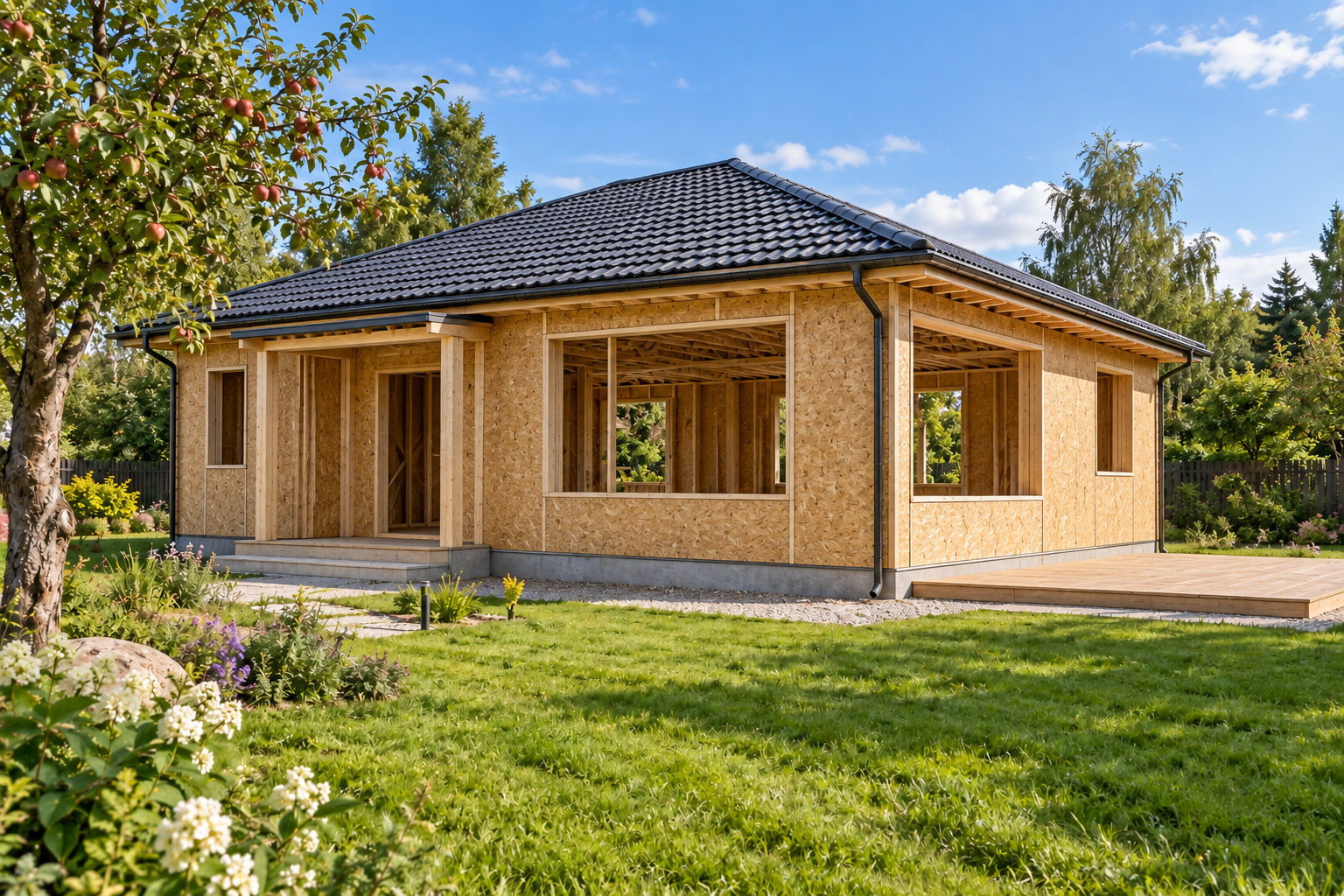 Семейный очаг: каркас с OSB и кровлей без фасада и остекления.