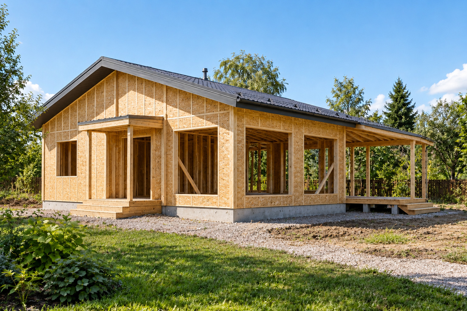 Две стороны света: каркас с OSB и кровлей без фасада и остекления.