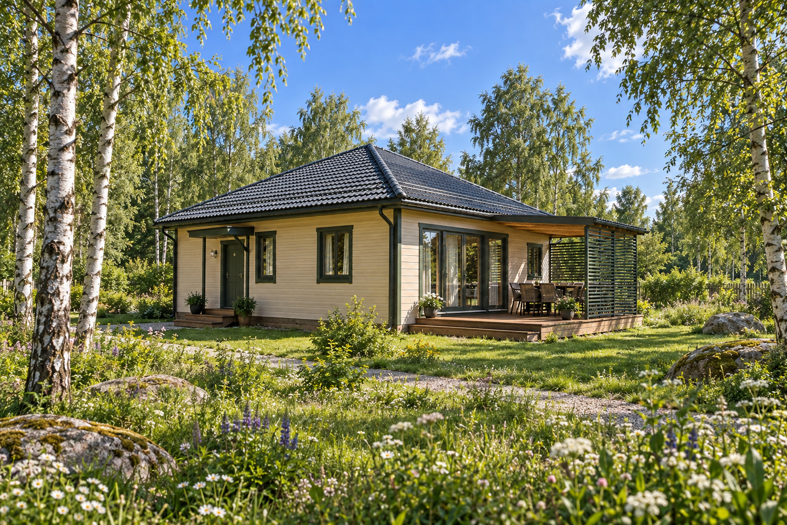 Каркасный дом «Лесной карман» 9×8 м — Дом среди берёз.
