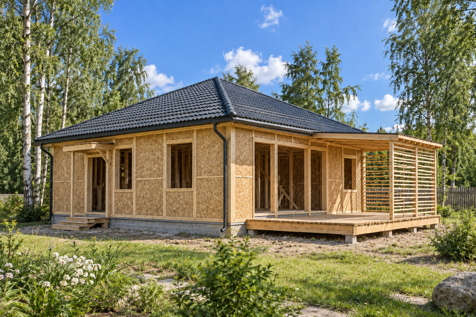 Лесной карман: каркас с OSB и кровлей без фасада и остекления.