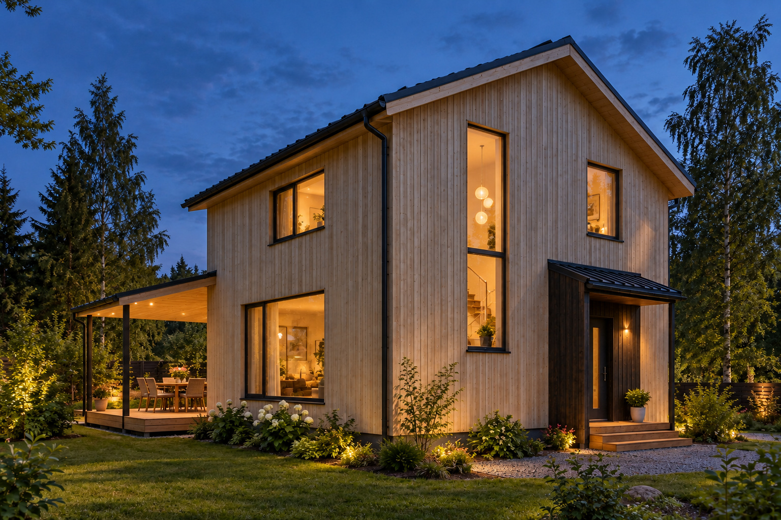 Каркасный дом «Верхний свет» 7×8 м — Вечерний вид со светящимся лестничным окном.